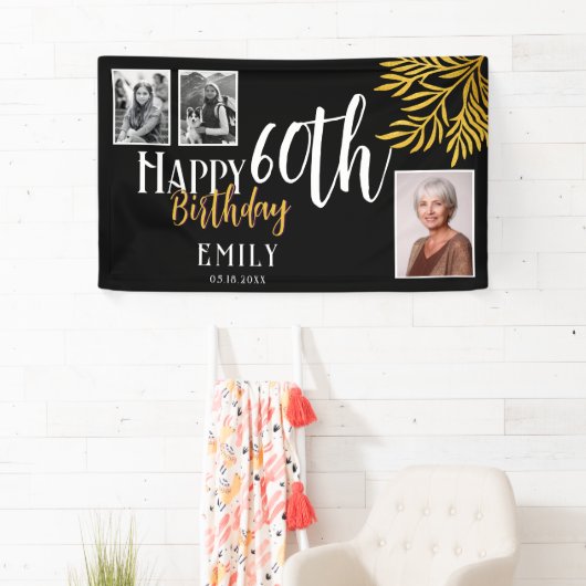 お誕生日おめでとう ゴールドの葉の3枚写真背景 横断幕 (インサイチュ)