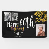 お誕生日おめでとう ゴールドの葉の3枚写真背景 横断幕 (横)