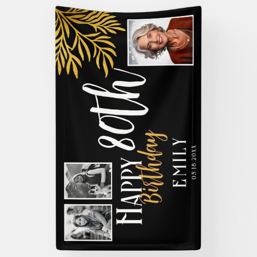 お誕生日おめでとう ゴールドの葉 3枚の写真の背景 横断幕 (縦)