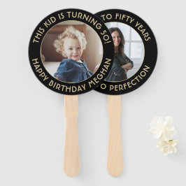 お誕生日おめでとう！シックなブラックとゴールドのラウンドフレームの２つの写真 ハンドファン