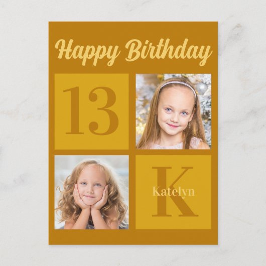 お誕生日おめでとう シックゴールド 2枚の写真 パーソナライズされた ポストカード (正面)