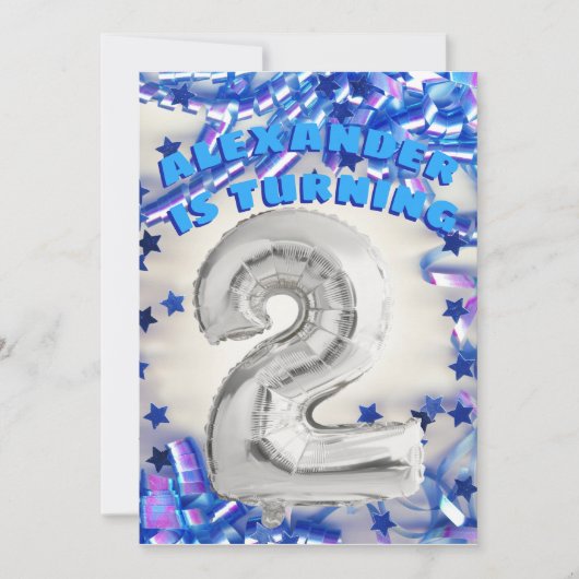 お誕生日おめでとう！シルバーとブルーの2歳男子パーティー 招待状 (正面)