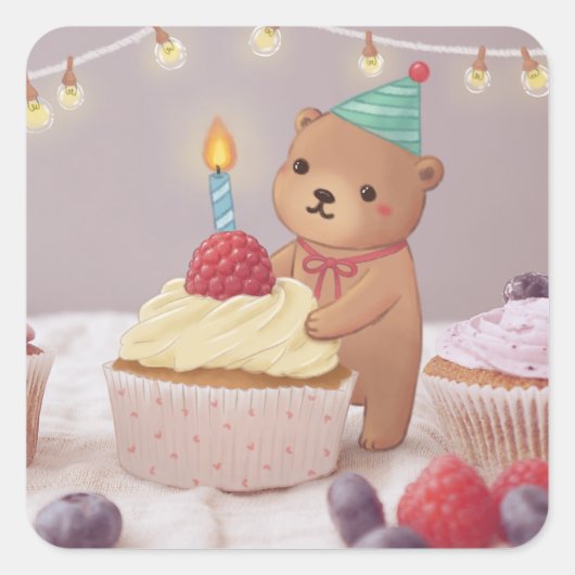 お誕生日おめでとう:テディベアとカップケーキ スクエアシール (正面)