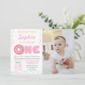 お誕生日おめでとう！ドーナツパーティーの写真招待状（1歳の誕生日） 招待状 (スタンド正面)
