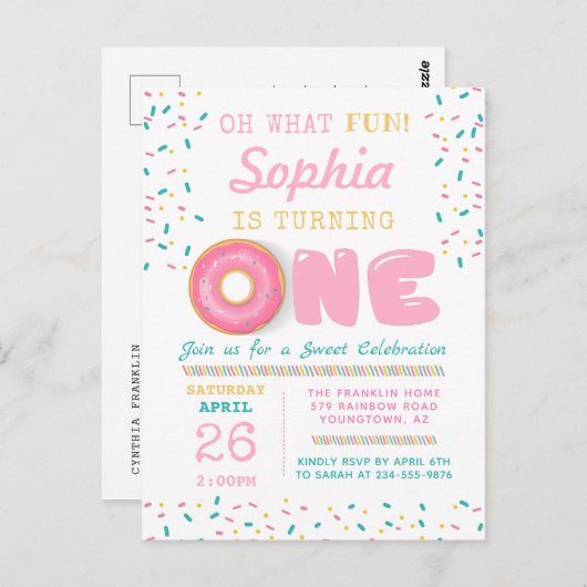 お誕生日おめでとう ドーナツ ファーストバースデーパーティー ポストカード (正面/裏面)