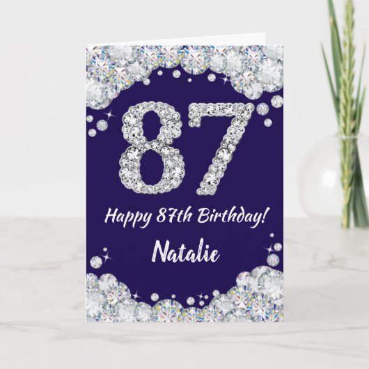 お誕生日おめでとう ネイビーブルーとシルバーのグリッター 87歳 カード (正面)