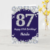 お誕生日おめでとう ネイビーブルーとシルバーのグリッター 87歳 カード (黄色い花)