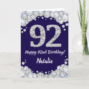 お誕生日おめでとう ネイビーブルーとシルバーのグリッター 92歳 カード