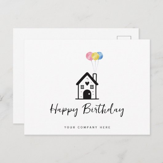 お誕生日おめでとう ハウス バルーン 不動産 ポストカード (正面/裏面)