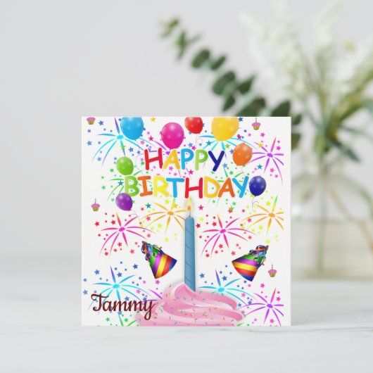 お誕生日おめでとう！ピンクのカップケーキの招待状 招待状 (スタンド正面)