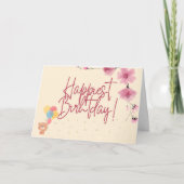 お誕生日おめでとう　ピンクの花のカード　誕生日カード サンキューカード (正面)