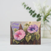 お誕生日おめでとう ピンクパープルのアサガオの花 ポストカード (スタンド正面)