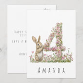 お誕生日おめでとう！ フラワーフォー＆うさぎのカード 招待状 (正面/裏面)