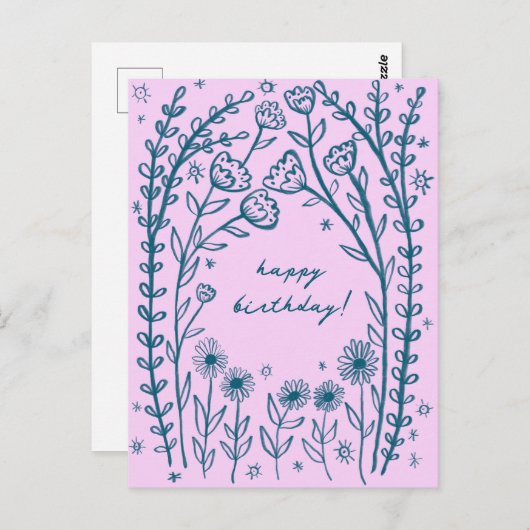 お誕生日おめでとう フラワーフリーハンドイラスト  ポストカード (正面/裏面)