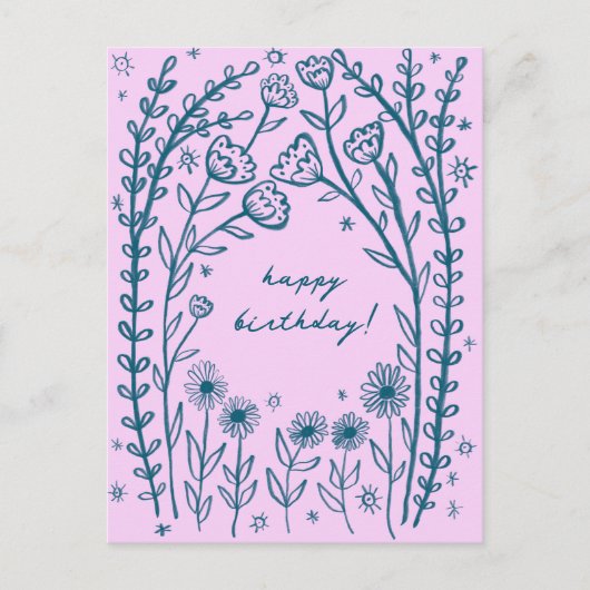 お誕生日おめでとう フラワーフリーハンドイラスト ポストカード (正面)