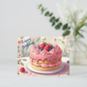 お誕生日おめでとう フルーツケーキと花 ポストカード (スタンド正面)