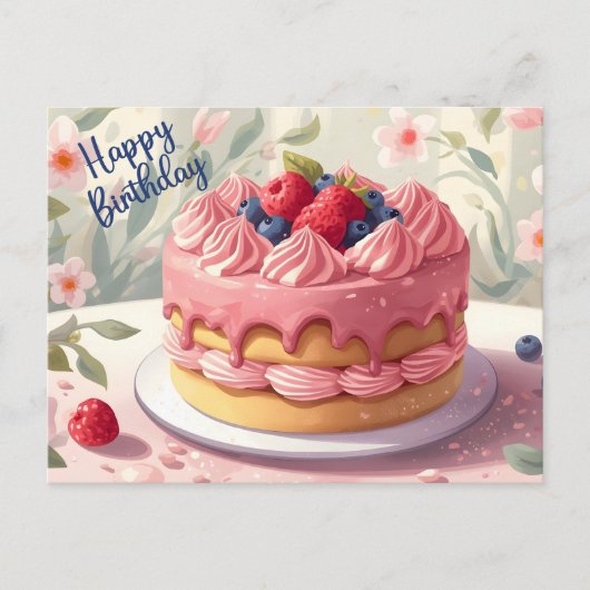 お誕生日おめでとう フルーツケーキと花 ポストカード (正面)