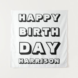 お誕生日おめでとう ブラック ホワイト カスタム ネーム モダン ファン タペストリー