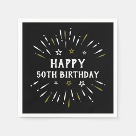 お誕生日おめでとう!ブラック・ホワイト・ゴールドの花火デザインで50歳の誕生日を祝おう スタンダードカクテルナプキン