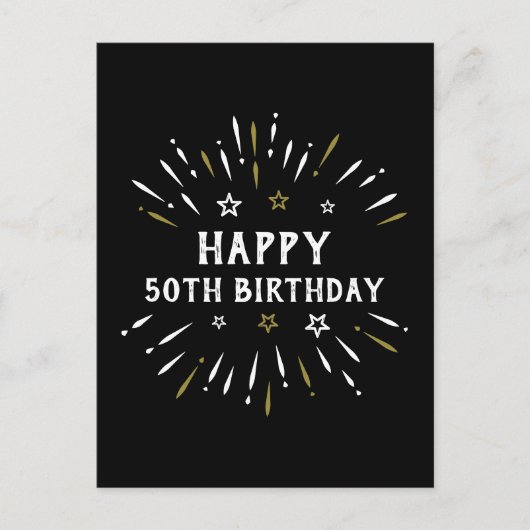 お誕生日おめでとう！ブラック・ホワイト・ゴールドの花火 ポストカード (正面)