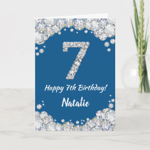 お誕生日おめでとう!ブルーとシルバーのグリッターカード 7歳 カード