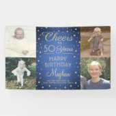 お誕生日おめでとう ブルーゴールドのブラッシュド仕上げ 4枚の写真入り 横断幕 (横)