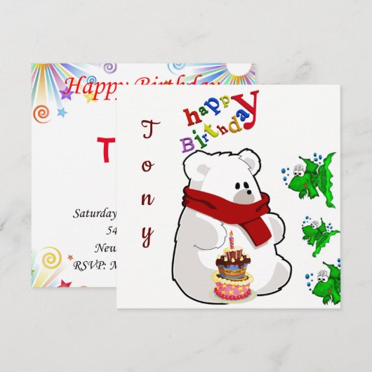 お誕生日おめでとう！　ポーラーベアのカードからの招待状 招待状 (正面/裏面)