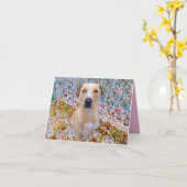 お誕生日おめでとう!モザイクスタイル - 青い目の犬 カード (黄色い花)