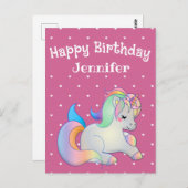 お誕生日おめでとう、ユニコーンとハートのピンクの女の子 ポストカード (正面/裏面)