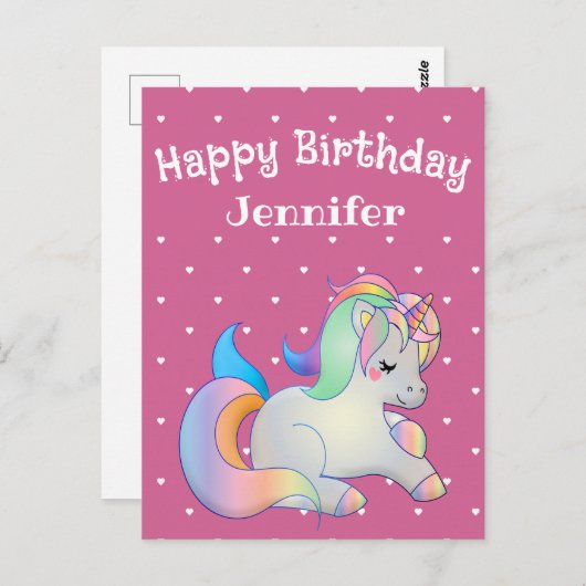 お誕生日おめでとう、ユニコーンとハートのピンクの女の子 ポストカード (正面/裏面)
