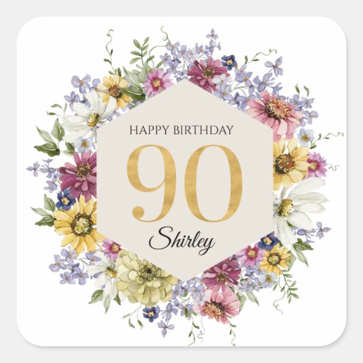 お誕生日おめでとう ワイルドフラワー 90歳 名入れ スクエアシール (正面)