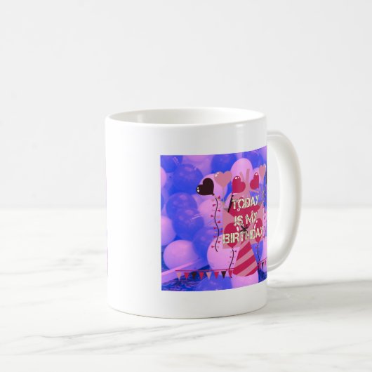 お誕生日おめでとう 今日は私の誕生日 青い風船 コーヒーマグカップ (正面右)