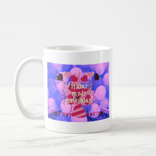 お誕生日おめでとう 今日は私の誕生日 青い風船 コーヒーマグカップ (左)