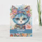 お誕生日おめでとう 女の子 青い猫 ぱっちりお目め 花冠 カード (正面)