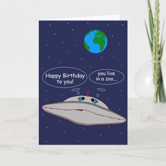 お誕生日おめでとう 宇宙人 宇宙船 ギフト カード (正面)