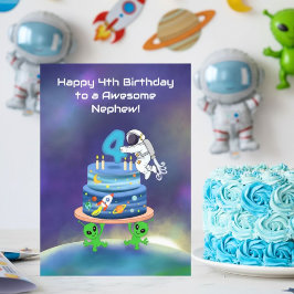 お誕生日おめでとう！宇宙飛行士とケーキでお祝いする甥っ子の4歳の誕生日 カード