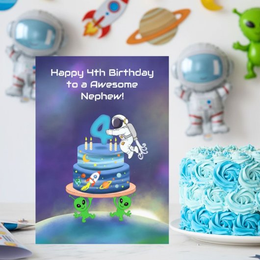 お誕生日おめでとう!宇宙飛行士とケーキでお祝いする甥っ子の4歳の誕生日 カード