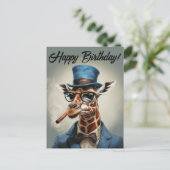 お誕生日おめでとう 帽子を被ったカバの絵 ポストカード (スタンド正面)