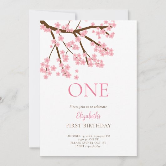 お誕生日おめでとう 春の桜 フラワーのキュート 招待状 (正面)