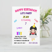 お誕生日おめでとう！　楽しいゲーム、ケーキ、アイス クリームのパーティーのご招待 招待状 (スタンド正面)