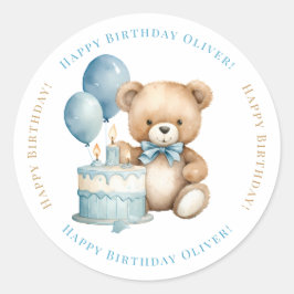 お誕生日おめでとう 水彩テディベアとケーキ ラウンドシール