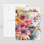 お誕生日おめでとう 水彩抽象花 ポストカード (正面/裏面)