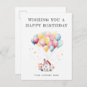 お誕生日おめでとう！水彩画の家の風船の不動産カード ポストカード (正面/裏面)