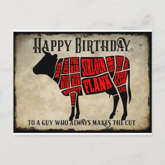お誕生日おめでとう 肉の切り身 牛デザイン ポストカード (正面)