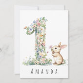 お誕生日おめでとう！花の数字1とウサギのカード 招待状 (正面)