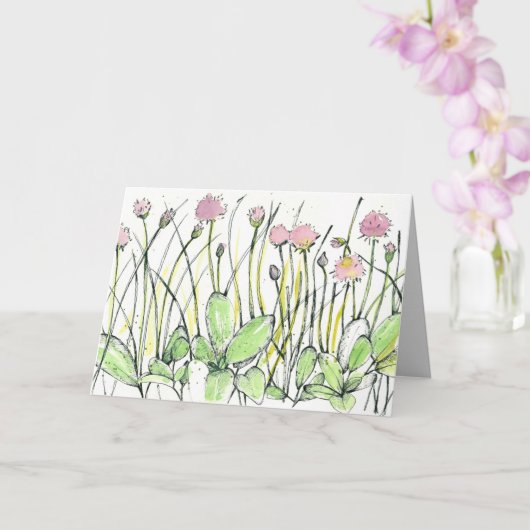 お誕生日おめでとう 花畑 赤いクローバー インクアート カード (蘭)