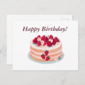 お誕生日おめでとう 苺のフルーツケーキとお花 ポストカード (正面/裏面)