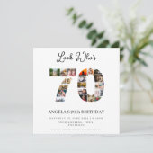 お誕生日おめでとう　誰が70歳か見てみて　写真のモンテージ 招待状 (スタンド正面)