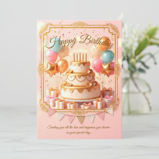 お誕生日おめでとう!豪華なケーキと風船でお祝いしよう 招待状 (スタンド正面)