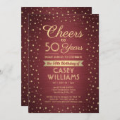 お誕生日おめでとう　豪華なワインレッドとゴールドのコンフェッティ 招待状 (正面/裏面)